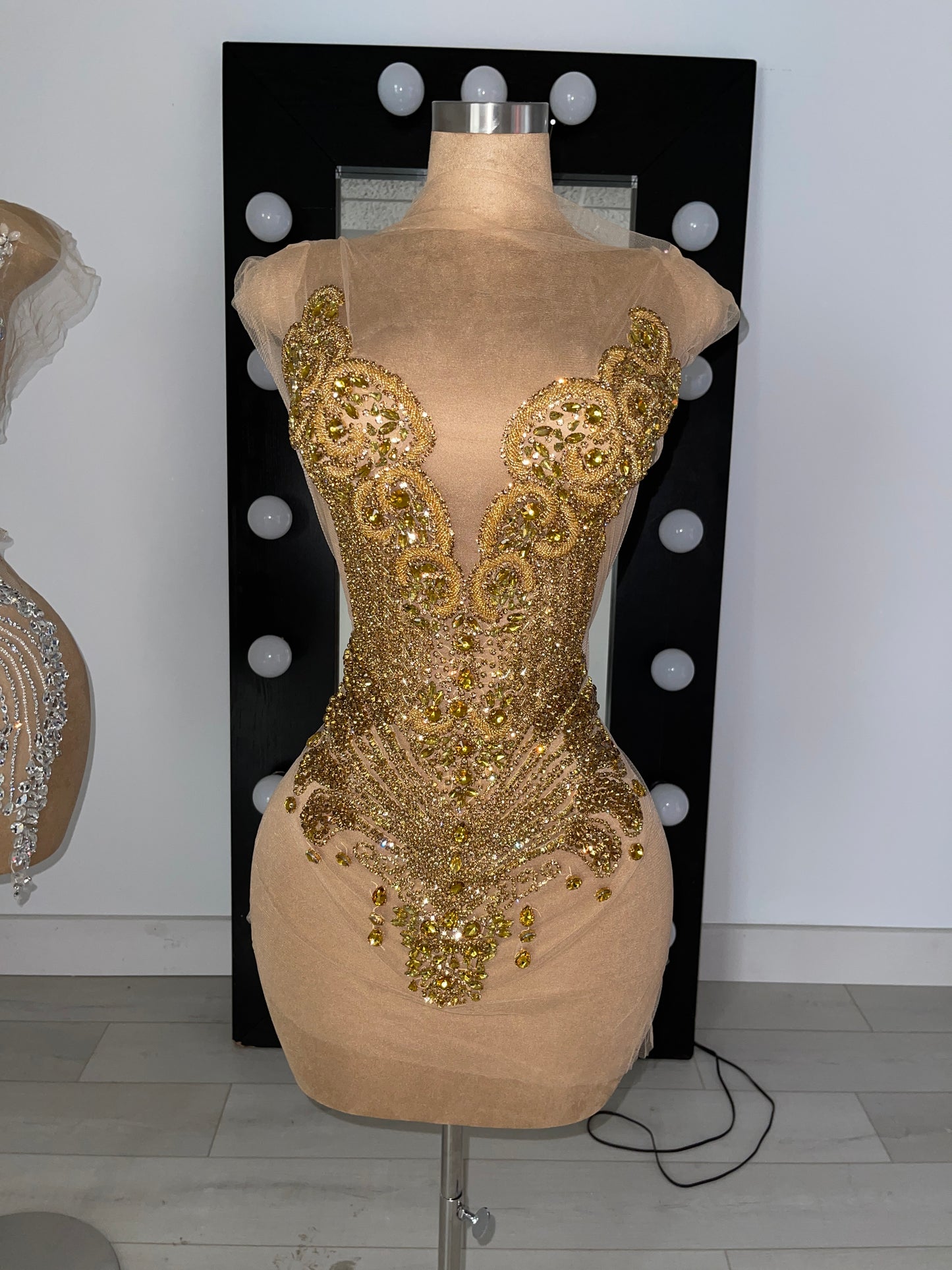 Gold on Nude Mesh Rhinestone Applique